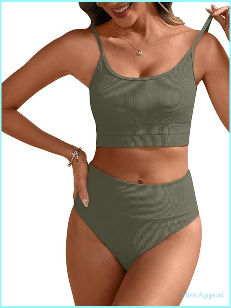 High Waisted Bikini Set, Tummy Control 2 Piece Swimsuit, Thick Ribbed Bathing